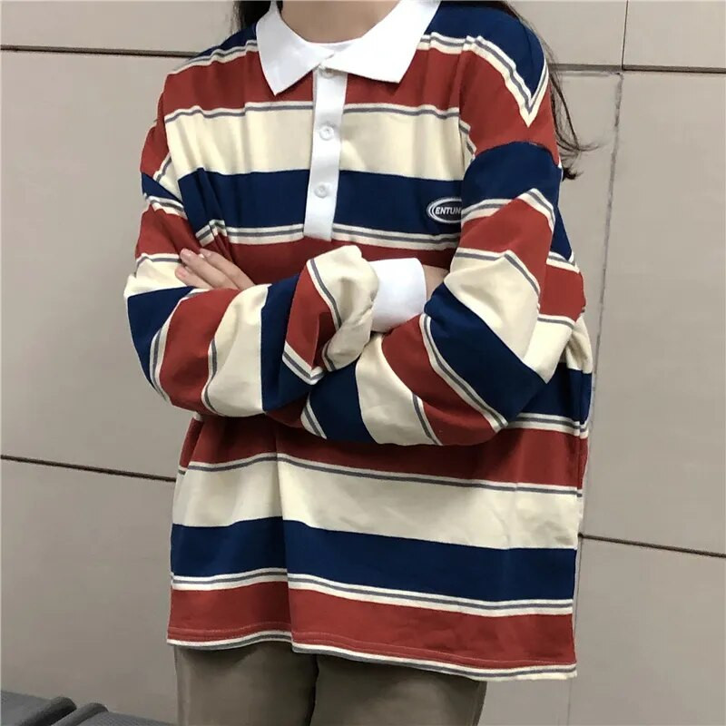 Retro Striped Hit Spalvotas megztinis Polo Apykaklės megztinis Moteriškas Oversized Megztinis Harajuku Style Moterų Vintage Preppy Top