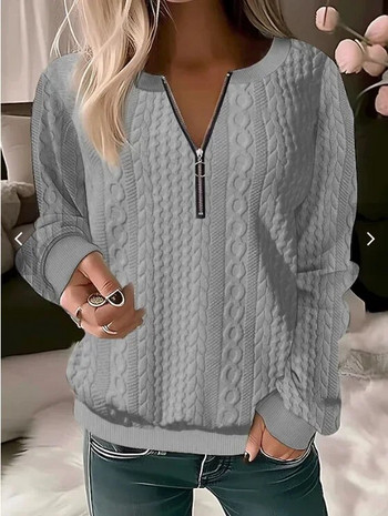 Есенно дамско облекло Y2k Топ мода Универсална ежедневна тънка риза с цип и кръгло деколте Жакард с дълги ръкави, плътен пуловер, плетена риза