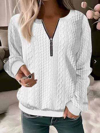 Есенно дамско облекло Y2k Топ мода Универсална ежедневна тънка риза с цип и кръгло деколте Жакард с дълги ръкави, плътен пуловер, плетена риза