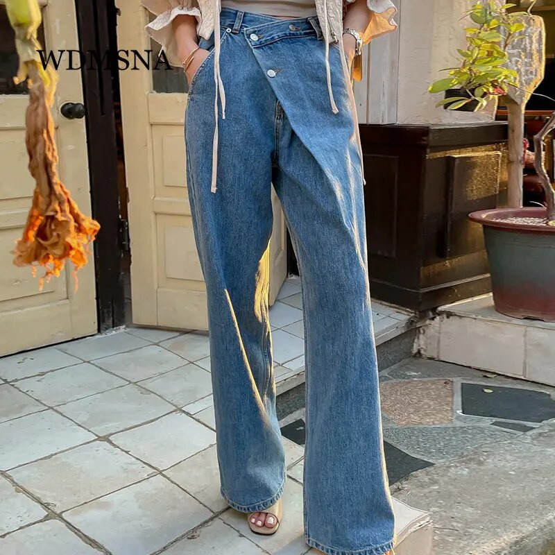 WDMSNA Vinrage džínsy s vysokým pásom, dámske nepravidelné diagonálne pracky, vrecovité džínsy, kórejské elegantné jarné široké nohavice, dámske džínsy