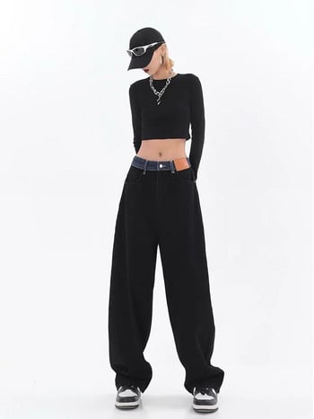 Ретро дамски дънки с висока талия Harajuku Vintage Black BF Style Streetwear Универсални широки модни широки дънкови панталони Femme