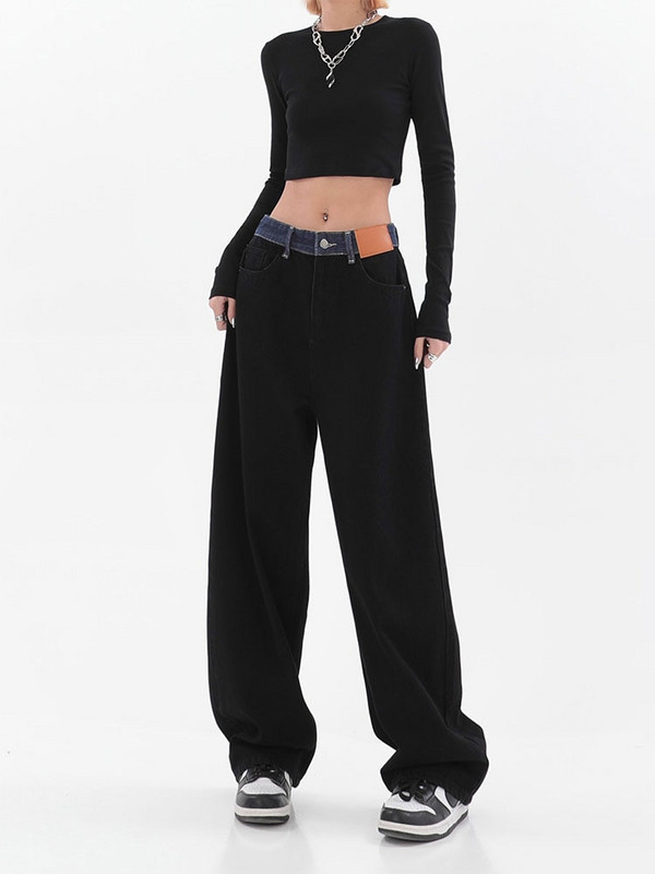 Dámske rifle s vysokým pásom v retro štýle Harajuku, vintage čierne, štýl BF, streetwear, voľné, módne, ženské, so širokými nohavicami