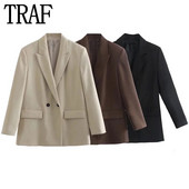 TRAF 2023 Blazer negru supradimensionat pentru femeie la dublu piept la birou Blazer elegant pentru femeie ocazional cu mânecă lungă jachetă de primăvară pentru femei