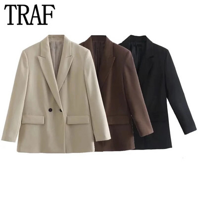 TRAF 2023 Μαύρο Oversize Blazer Woman με διπλό στήθος Γραφείο Κομψό Γυναικείο Blazer Casual μακρυμάνικο γυναικείο ανοιξιάτικο μπουφάν