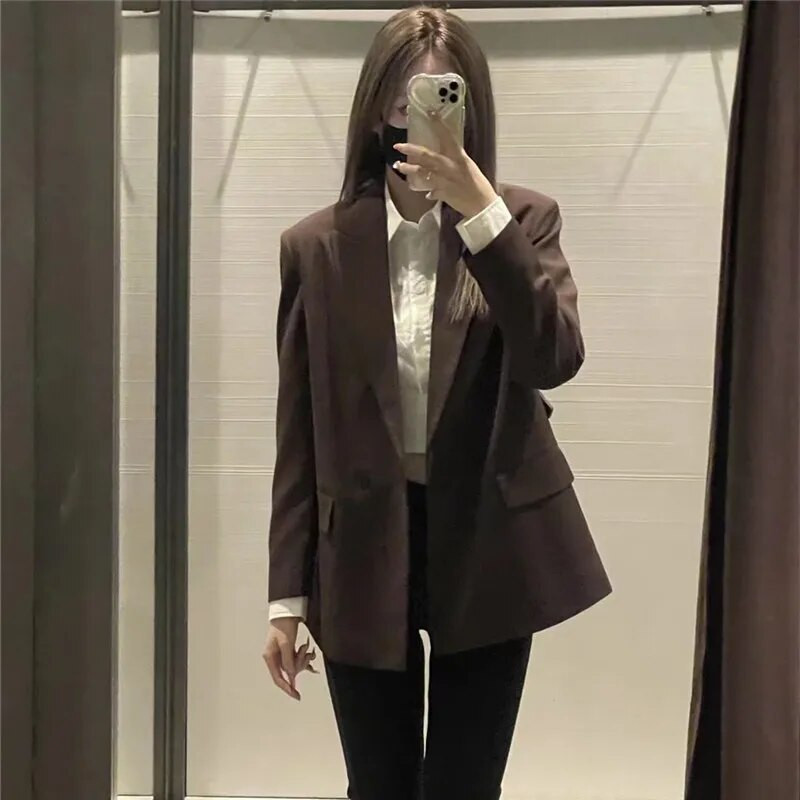 TRAF 2023 Blazer negru supradimensionat pentru femeie la dublu piept la birou Blazer elegant pentru femeie ocazional cu mânecă lungă jachetă de primăvară pentru femei