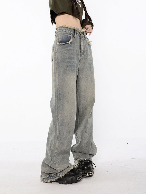 Dámske vintage dlhé džínsy, roztrhaný dizajn, elegantný voľný streetwear, Harajuku Y2k Ulzzang, jednoduché džínsové rovné nohavice, trendy boyfriend