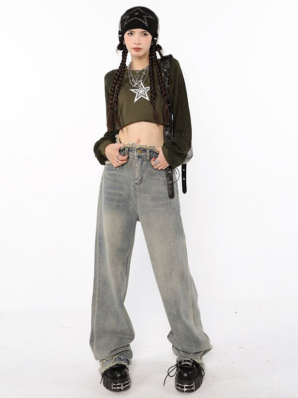 Dámske vintage dlhé džínsy, roztrhaný dizajn, elegantný voľný streetwear, Harajuku Y2k Ulzzang, jednoduché džínsové rovné nohavice, trendy boyfriend