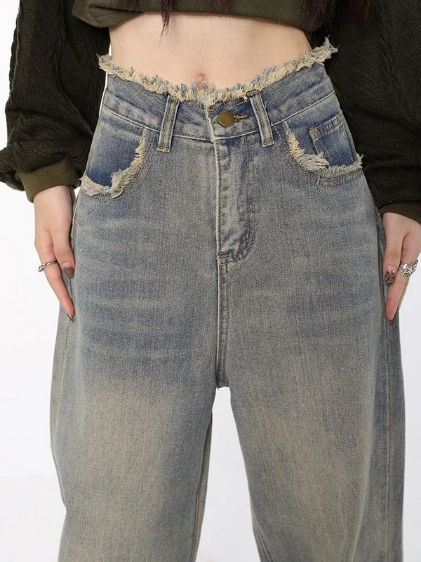 Dámske vintage dlhé džínsy, roztrhaný dizajn, elegantný voľný streetwear, Harajuku Y2k Ulzzang, jednoduché džínsové rovné nohavice, trendy boyfriend