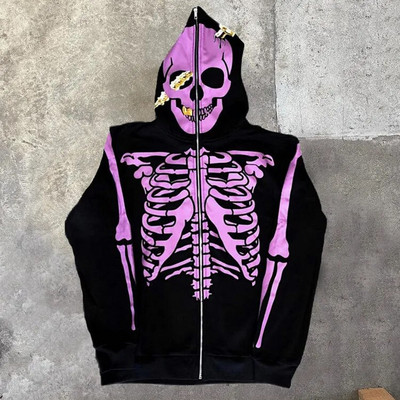 Gothic punk megztiniai Streetwear Moteriški spausdinti gobtuvai ilgomis rankovėmis Laisvalaikio užtrauktuku striukė su gobtuvu Y2K Skull Unisex Cardigan