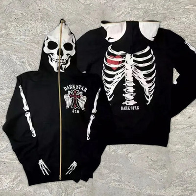 Gothic punk megztiniai Streetwear Moteriški spausdinti gobtuvai ilgomis rankovėmis Laisvalaikio užtrauktuku striukė su gobtuvu Y2K Skull Unisex Cardigan