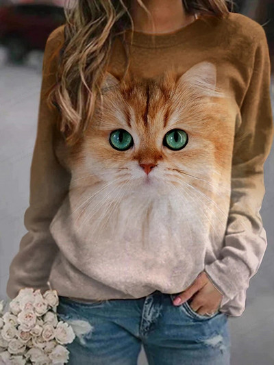Încântător Hanoră pentru câini, Hanorace de modă pentru femei, Hanorace cu hanorace cu imprimeu de pisici, haine Kawaii, cu gâtul în formă de O, transpirații pentru femei, paltoane pentru fete, animale