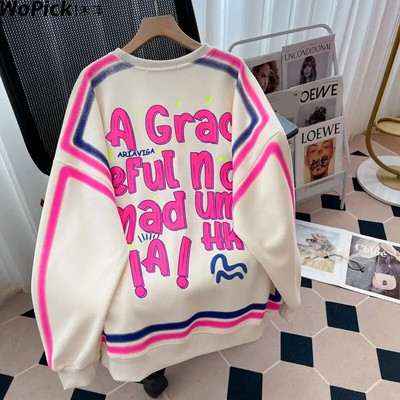 Top supradimensionat pentru femei, hanorac de toamnă, imprimeu cu litere, pulover de modă coreeană, haine pentru femei, îmbrăcăminte de stradă, pulover cu mânecă lungă de designer