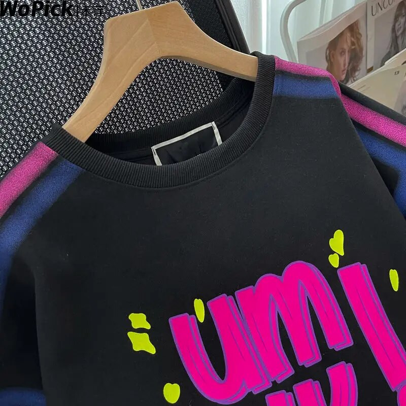 Top supradimensionat pentru femei, hanorac de toamnă, imprimeu cu litere, pulover de modă coreeană, haine pentru femei, îmbrăcăminte de stradă, pulover cu mânecă lungă de designer