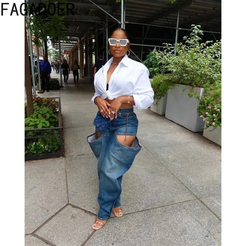 FAGADOER Fashion Streetwear Ženske šuplje traper hlače s visokim strukom Ležerne elastične ravne jeans hlače Jesenske ležerne donji dijelovi
