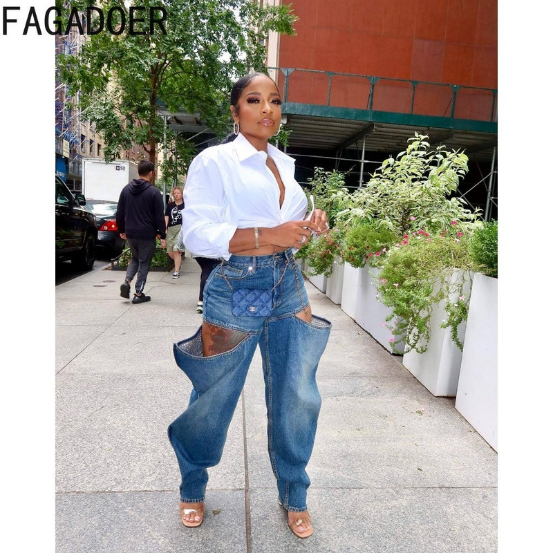 FAGADOER Fashion Streetwear Ženske šuplje traper hlače s visokim strukom Ležerne elastične ravne jeans hlače Jesenske ležerne donji dijelovi