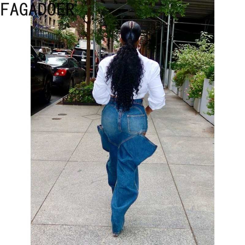 FAGADOER Fashion Streetwear Ženske šuplje traper hlače s visokim strukom Ležerne elastične ravne jeans hlače Jesenske ležerne donji dijelovi