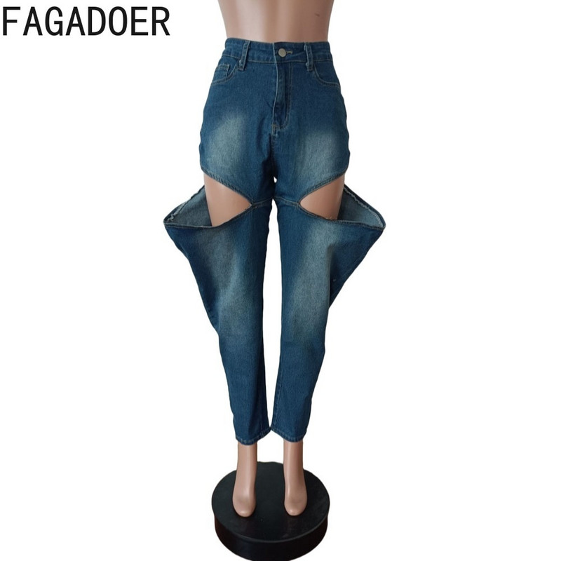 FAGADOER Fashion Streetwear Ženske šuplje traper hlače s visokim strukom Ležerne elastične ravne jeans hlače Jesenske ležerne donji dijelovi
