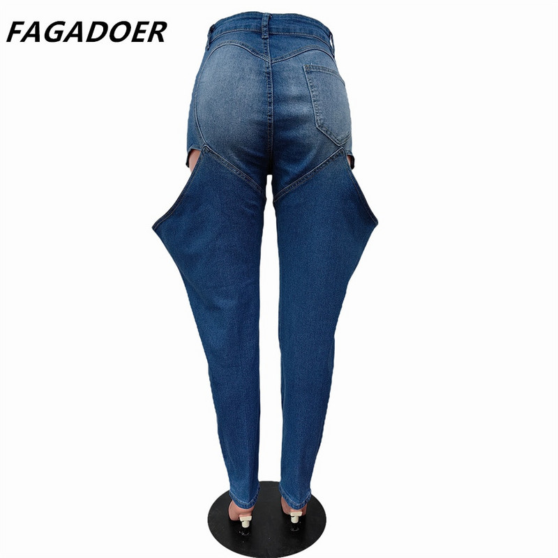 FAGADOER Fashion Streetwear Ženske šuplje traper hlače s visokim strukom Ležerne elastične ravne jeans hlače Jesenske ležerne donji dijelovi