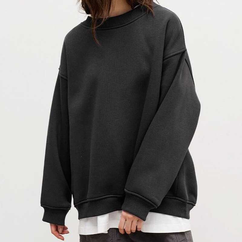 FADDISH 2024 m. rudens žiemos moterų madingi palaidi megztiniai su apvalia kakle ir moteriški megztiniai, vienspalviai, laisvalaikio viršutiniai megztiniai