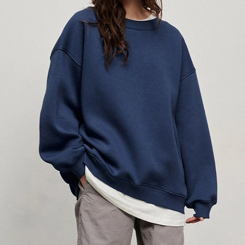 FADDISH 2024 m. rudens žiemos moterų madingi palaidi megztiniai su apvalia kakle ir moteriški megztiniai, vienspalviai, laisvalaikio viršutiniai megztiniai