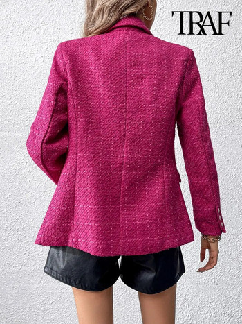 TRAF Women Fashion Double Breasted Tweed Blazer Παλτό Vintage μακρυμάνικο με πτερύγιο τσέπες Γυναικεία πανωφόρια κομψά μπλουζάκια