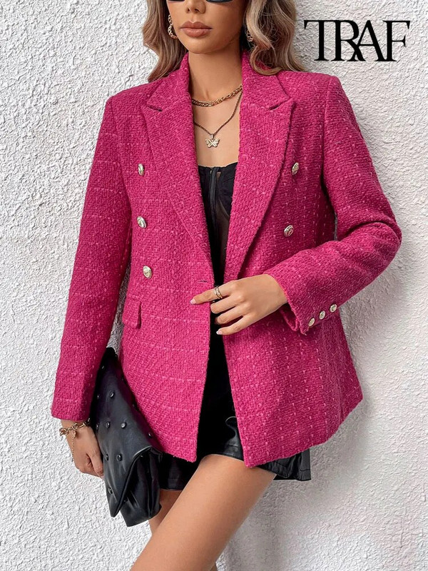 TRAF Dámska móda s dvojitým breastovým tvídovým sakom a dlhým rukávom, vintage lemovaním, vrecká na klopu, dámske vrchné oblečenie, elegantné topy