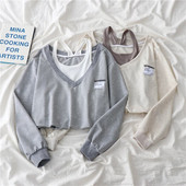 Moda coreeană femei fals două piese crop top fără bretele stil Preppy Harajuku Swearshirt largi casual pulovere bluze 2022 nou