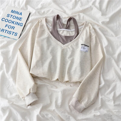 Moda coreeană femei fals două piese crop top fără bretele stil Preppy Harajuku Swearshirt largi casual pulovere bluze 2022 nou