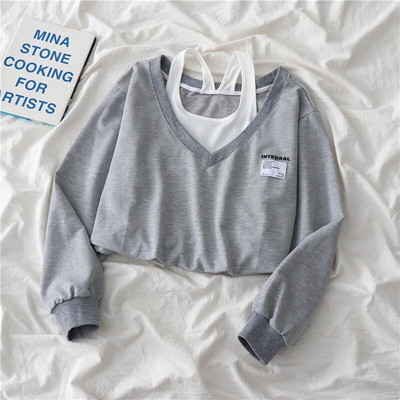 Moda coreeană femei fals două piese crop top fără bretele stil Preppy Harajuku Swearshirt largi casual pulovere bluze 2022 nou
