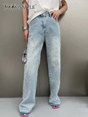 TWOTWINSTYLE Vintage džínsy s gombíkmi pre ženy s vysokým pásom, patchworkovými diamantmi, temperamentnými širokými nohavicami, džínsovými nohavicami