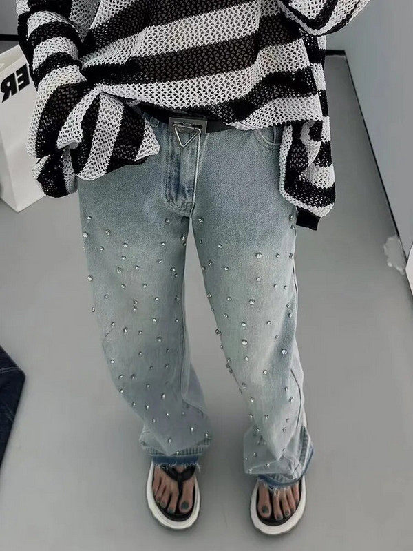 TWOTWINSTYLE Vintage džínsy s gombíkmi pre ženy s vysokým pásom, patchworkovými diamantmi, temperamentnými širokými nohavicami, džínsovými nohavicami