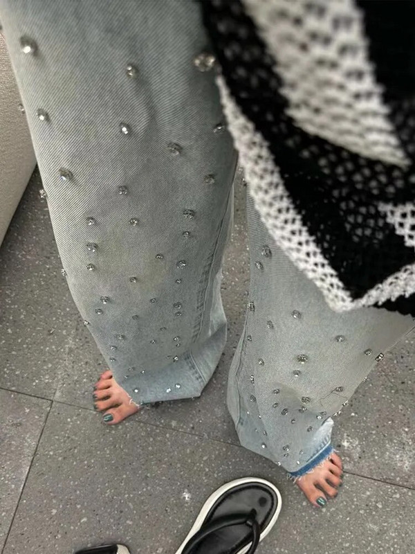 TWOTWINSTYLE Vintage džínsy s gombíkmi pre ženy s vysokým pásom, patchworkovými diamantmi, temperamentnými širokými nohavicami, džínsovými nohavicami