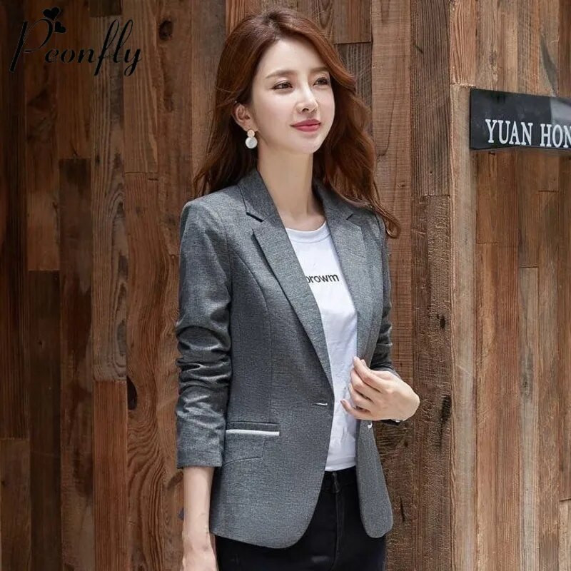 PEONFLY pentru femei 2023, la modă, la birou, cu buzunare, blazere, haină vintage cu guler cu crestături, cu mânecă lungă, cu nasturi, îmbrăcăminte exterioară pentru femei