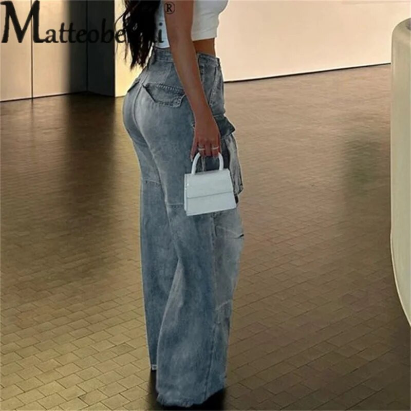 Módne džínsy s vysokým pásom a viacerými vreckami, rovné džínsy, dámske pracovné štýly, ležérne džínsové nohavice, voľné trojdielne nohavice