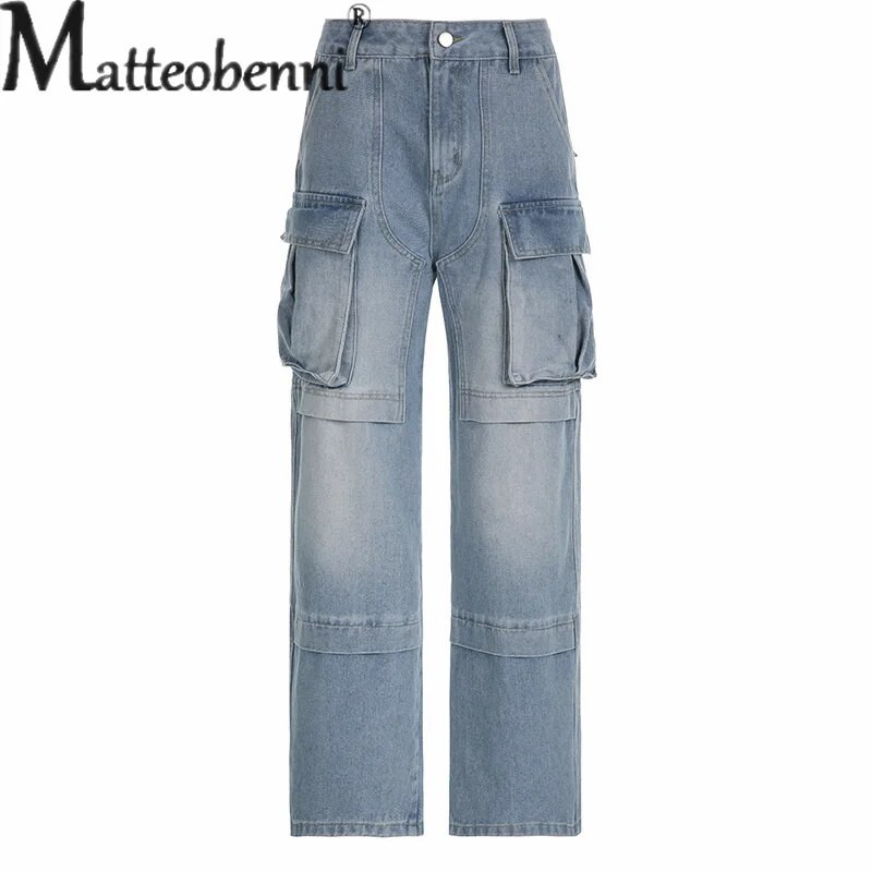 Módne džínsy s vysokým pásom a viacerými vreckami, rovné džínsy, dámske pracovné štýly, ležérne džínsové nohavice, voľné trojdielne nohavice