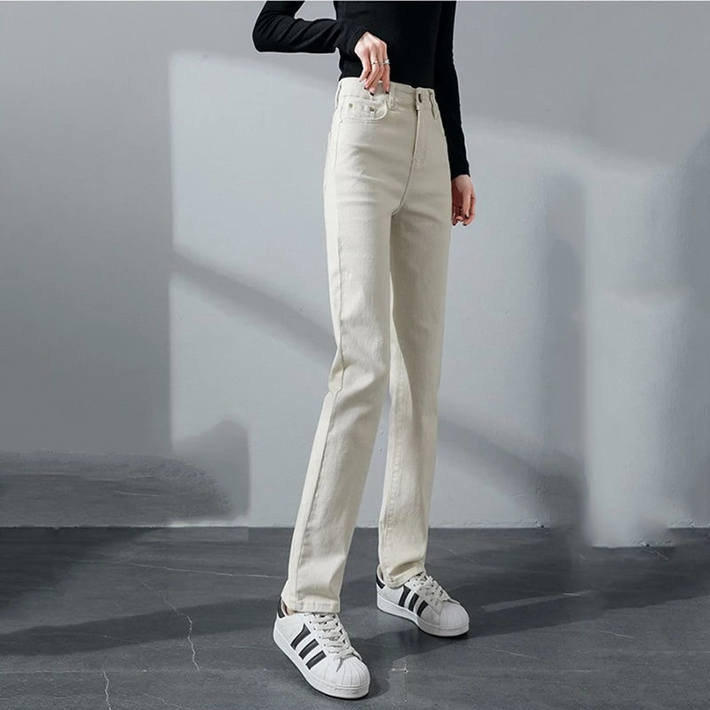 Dámske rovné džínsy s vysokým pásom, jarné, ležérne, strečové, džínsové, kórejské, streetwear, nové, retro, klasické, vaqueros