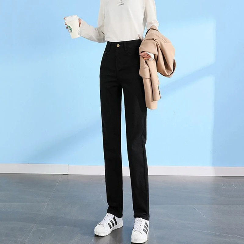 Dámske rovné džínsy s vysokým pásom, jarné, ležérne, strečové, džínsové, kórejské, streetwear, nové, retro, klasické, vaqueros