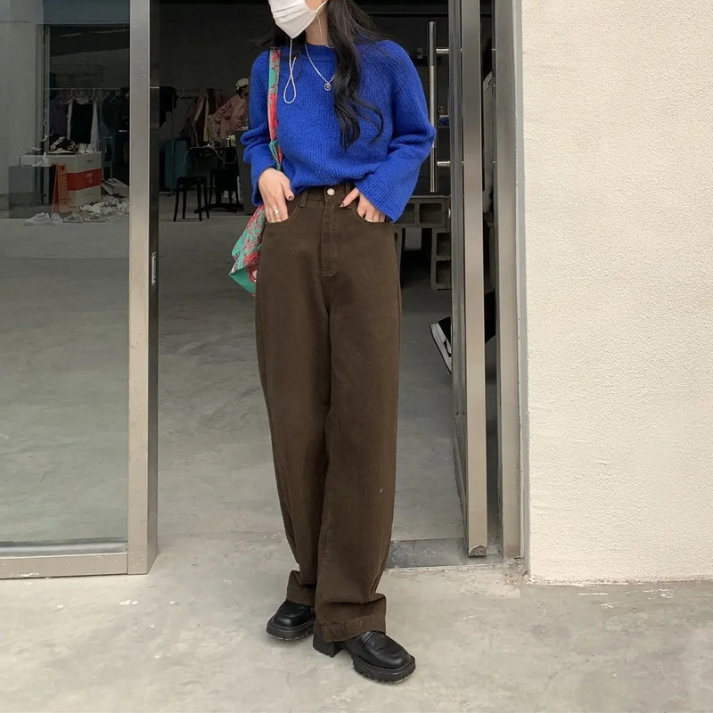 Blugi vintage maro pentru femei, în stil japonez, retro, cu talie înaltă, pantaloni din denim, largi, drepti, artistici, pantaloni la șold pentru adolescenți