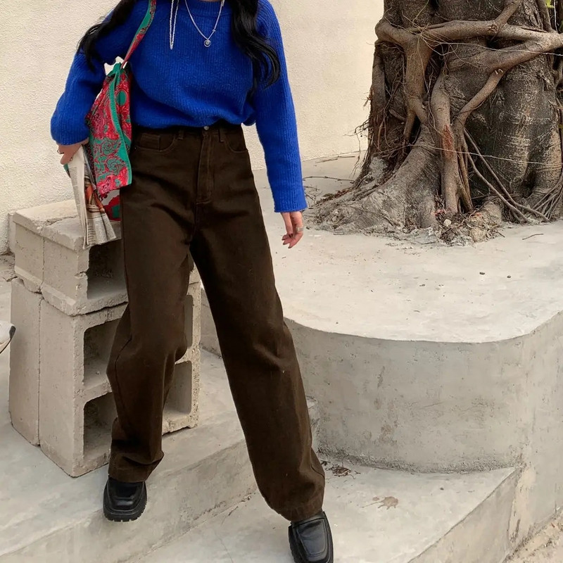 Blugi vintage maro pentru femei, în stil japonez, retro, cu talie înaltă, pantaloni din denim, largi, drepti, artistici, pantaloni la șold pentru adolescenți