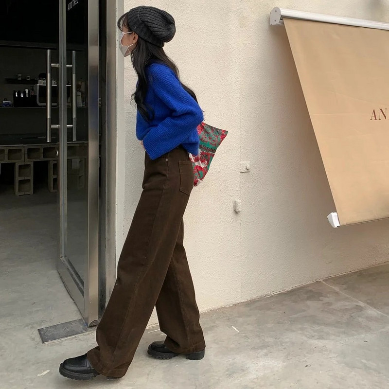 Blugi vintage maro pentru femei, în stil japonez, retro, cu talie înaltă, pantaloni din denim, largi, drepti, artistici, pantaloni la șold pentru adolescenți