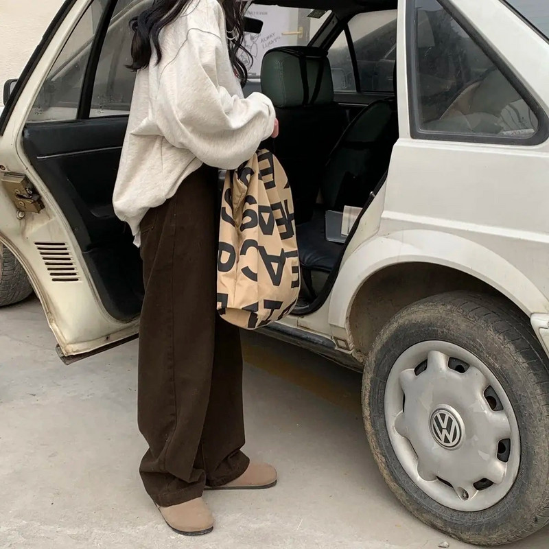 Blugi vintage maro pentru femei, în stil japonez, retro, cu talie înaltă, pantaloni din denim, largi, drepti, artistici, pantaloni la șold pentru adolescenți