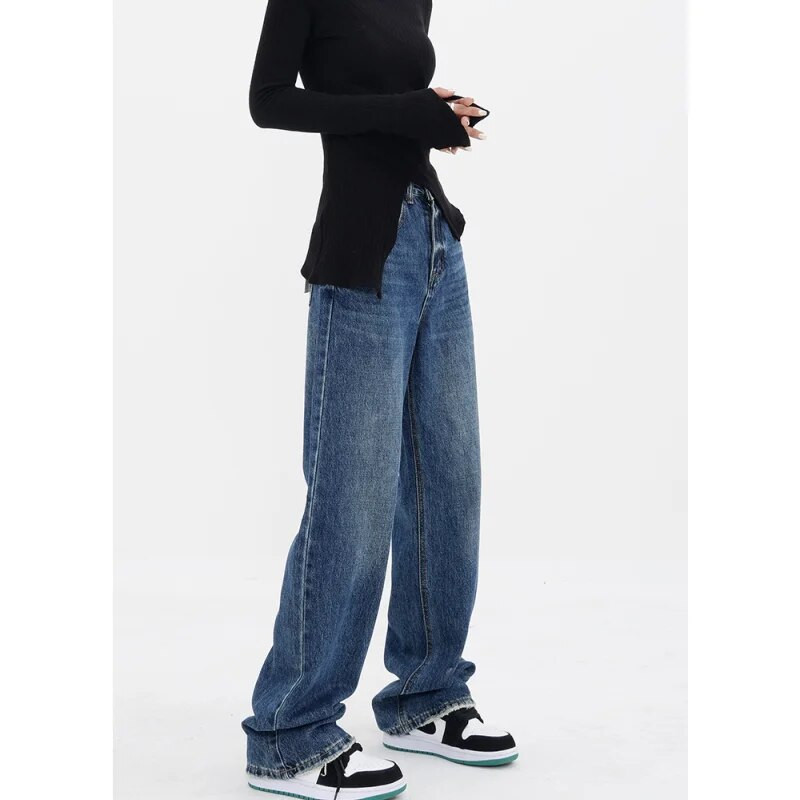 Modré dámske džínsy s vysokým pásom, farebný kontrast, vintage americká móda, streetwear, široké nohavice, dámske nohavice, vrecovité džínsy