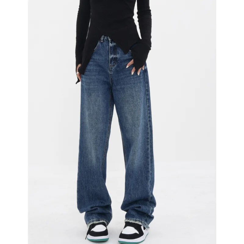 Modré dámske džínsy s vysokým pásom, farebný kontrast, vintage americká móda, streetwear, široké nohavice, dámske nohavice, vrecovité džínsy