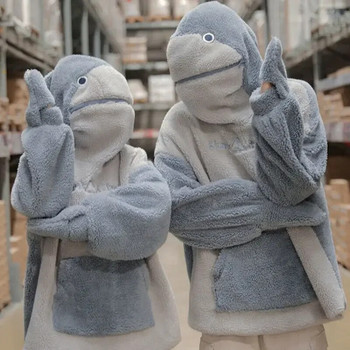 MINGLIUSILI Kawaii Shark Shape Hoodie за жени Сладко и забавно палто Корейска модна свободна универсална качулка с голяма плътна качулка