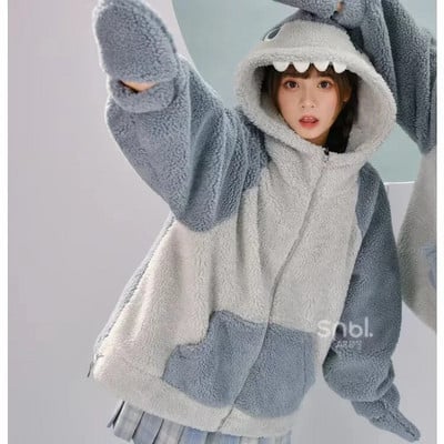 MINGLIUSILI Kawaii Shark Shape Hoodie pre ženy, roztomilá a vtipná mikina s kapucňou, kórejská móda, voľná, univerzálna, nadrozmerná, zahustená mikina