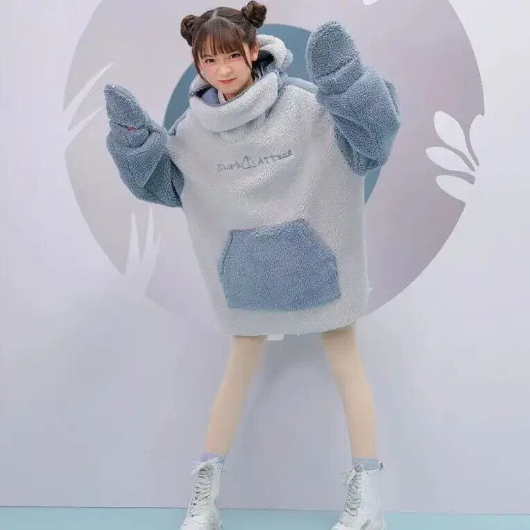 MINGLIUSILI Kawaii Shark Shape Hoodie pre ženy, roztomilá a vtipná mikina s kapucňou, kórejská móda, voľná, univerzálna, nadrozmerná, zahustená mikina