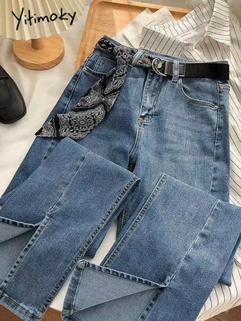 Yitimoky Streetwear Elastic Denim Split Flare Jeans Дамски ретро сини дънки с висока талия Дамски сиви дънки с камбанка Y2k