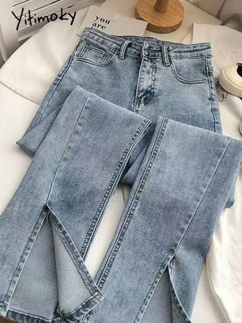 Yitimoky Streetwear Elastic Denim Split Flare Jeans Дамски ретро сини дънки с висока талия Дамски сиви дънки с камбанка Y2k