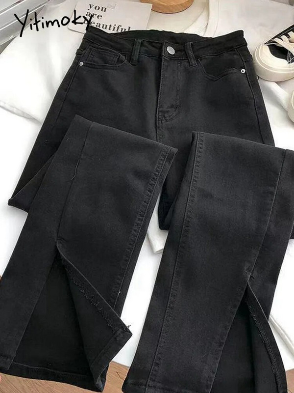 Dámske streetwear elastické džínsy s rozparkom, vysoký pás, vintage modré džínsy, sivé zvonové džínsy, model Y2K