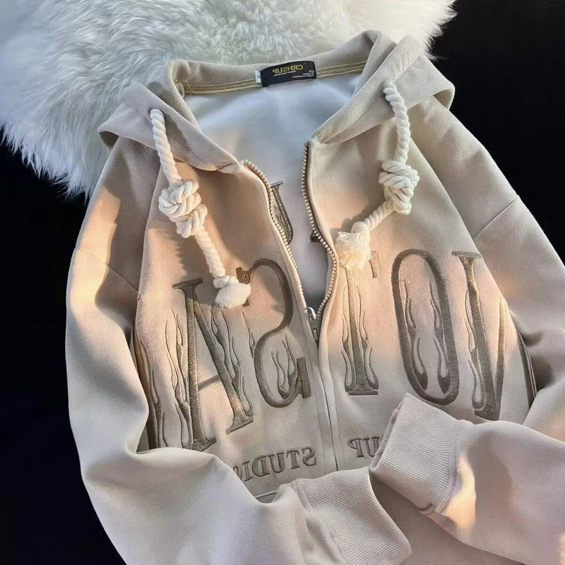 Americká Y2k nadrozmerná punková mikina s kapucňou a flísom, hrubá zimná kórejská móda Kpop Vintage gotický ležérny zipsový preppy sveter